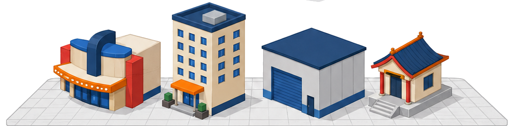 用途ごとに区分された建物のブロックが延べ面積のグリッドの上に並ぶイメージ