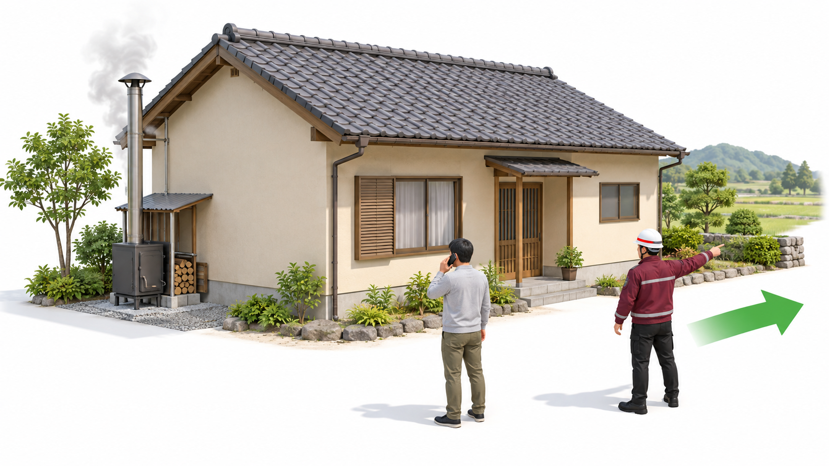 住宅から離れて119番通報する一般的なアイソメ図解