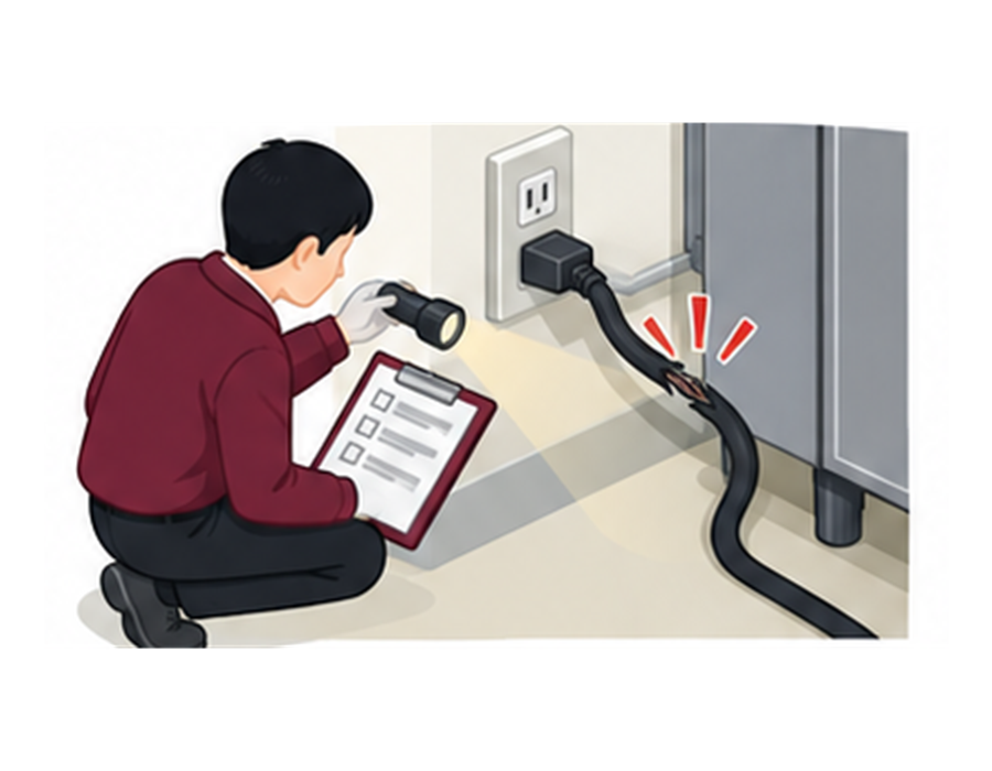 冷蔵庫のプラグとコンセントと挟まれた電源コードを点検表で確認する施設担当者のアイソメ図