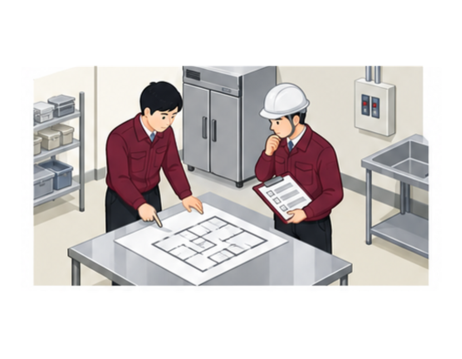 施設担当者と電気工事士が冷蔵庫の配置図と再通電チェックリストを照合するアイソメ図