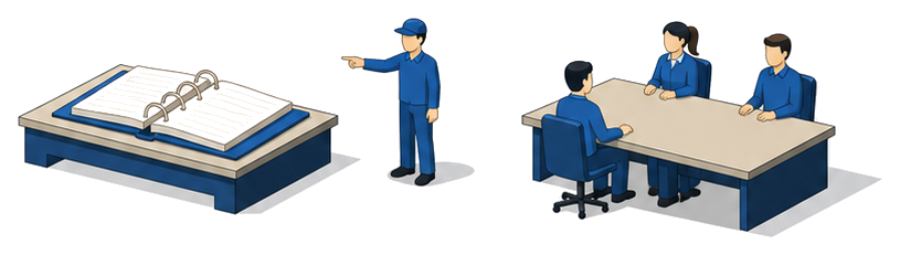 消防計画を開いて被害状況の確認の手順を確かめる場面のイラスト