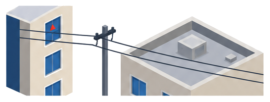 非常用進入口の窓と屋上部分の前を電線が横切る建物のイラスト