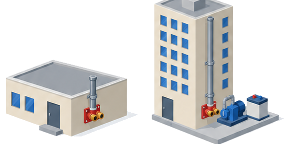 低い建物と高い建物を並べ高い建物だけに加圧送水装置と非常電源が追加される様子