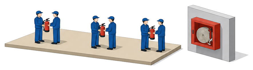 広いフロアに消火器を持った3つの組が離れて配置されているイラスト