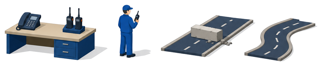 無線機と固定電話を置いた机と塞がれた道路の迂回路を並べたイラスト