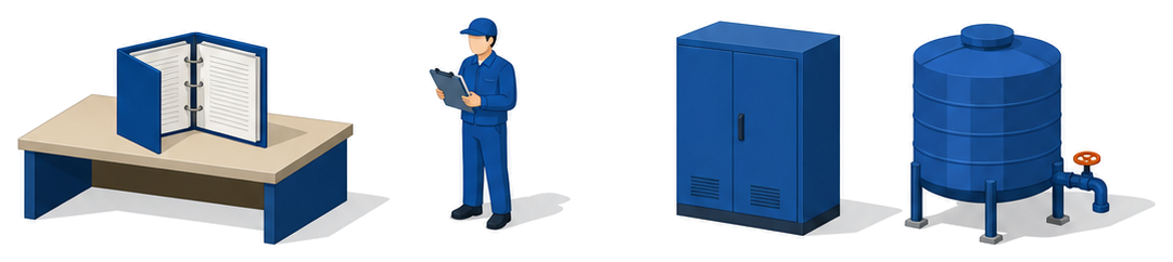 消防計画のバインダーを開いて配電盤と受水槽を確かめる担当者のイラスト