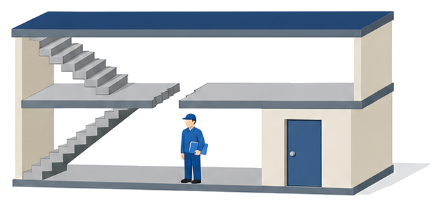 階段のある建物の断面と書類を持つ人と閉じた扉を並べたイラスト