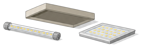 非常用照明器具のＬＥＤランプで直管形と口金のないＬＥＤモジュールの２つの構造を示すイラスト