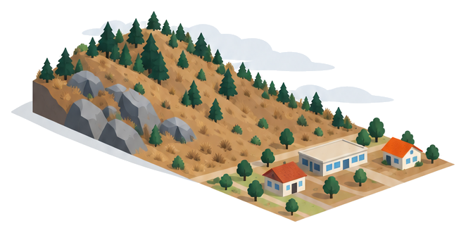 乾いた山の斜面の下に、小さな集落の家と学校のような低い建物が並ぶイラスト
