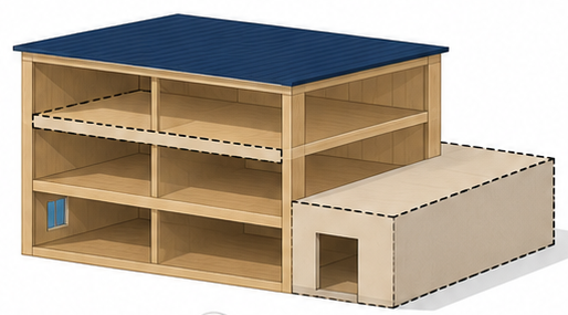 増築部分と吹抜きに床を追加した木造建物の断面を描いたイラスト