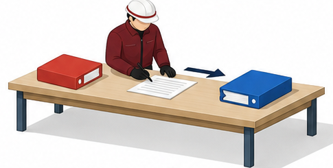 消防と建築の担当者が机の上で書類をやりとりするイラスト