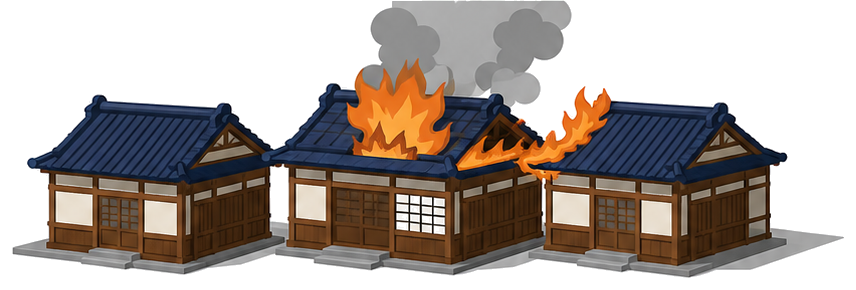 隣家へ燃え移る木造住宅と失火責任法の成り立ちを示すイラスト