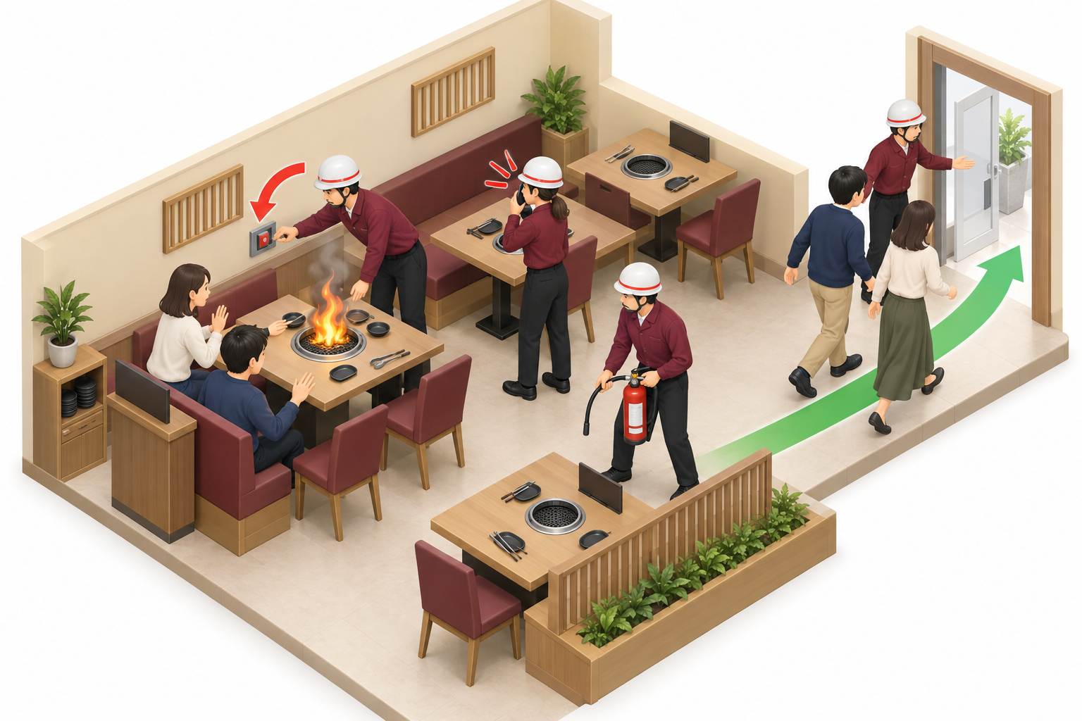 飲食店ロースター火災で停止と避難を行う図