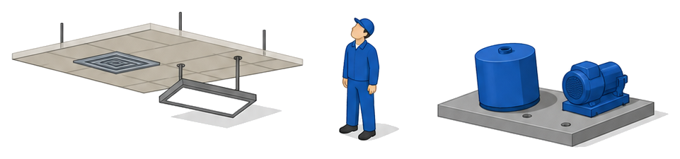 天井から傾いて外れかけた給気口と照明器具と台からずれたタンクとポンプを並べたイラスト