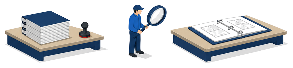 点検報告書の束と別に開いた図面の綴りを担当者が見比べているイラスト