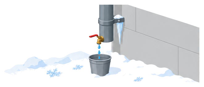 雪の積もった地面に立つ灰色の縦配管の下に水抜き弁と水滴と氷の結晶があるイラスト