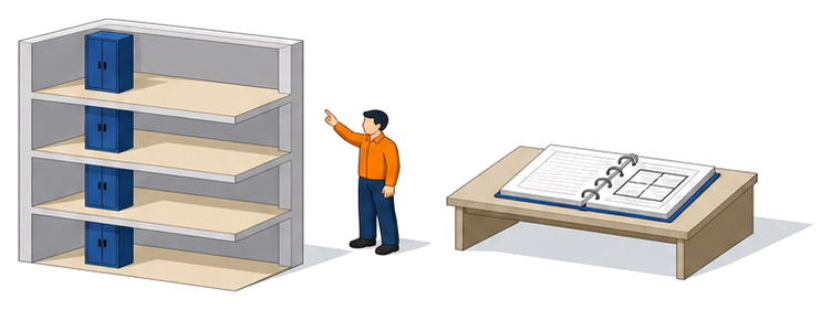 各階に書庫が置かれた建物の断面と上の階を指す担当者を並べたイラスト