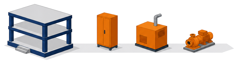 建物の柱と梁を紺色で示しその横に棚と機器と装置を別の色で並べたイラスト