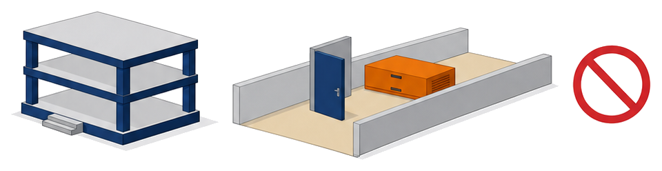 柱と梁が無事な建物の隣で扉が引っかかり棚が倒れた廊下を示したイラスト