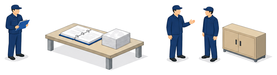 担当者が消防計画のとじ込みと書類を机に広げて相談しているイラスト