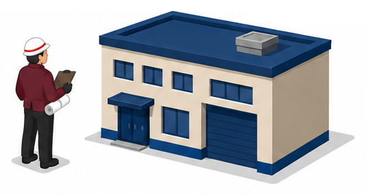 点検員が建物を見上げて確認している図