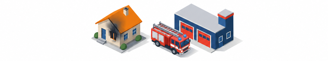 火災で被害を受けた住家と消防車が停まる消防署のイラスト