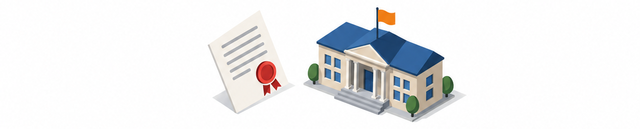 公印付きの証明書と町役場の建物のイラスト