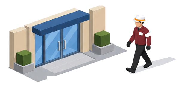 ネームプレートと腕章を着用した女性検査員が約束の時刻に建物を訪れるイラスト