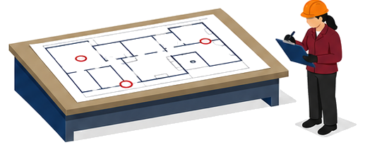 建築確認図書と前回の検査報告書を確認する作業員のイラスト