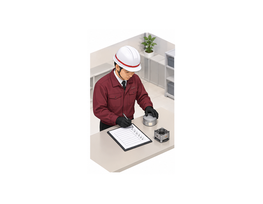 施設担当者が固形燃料の完全消火と使用記録を確認するアイソメ図