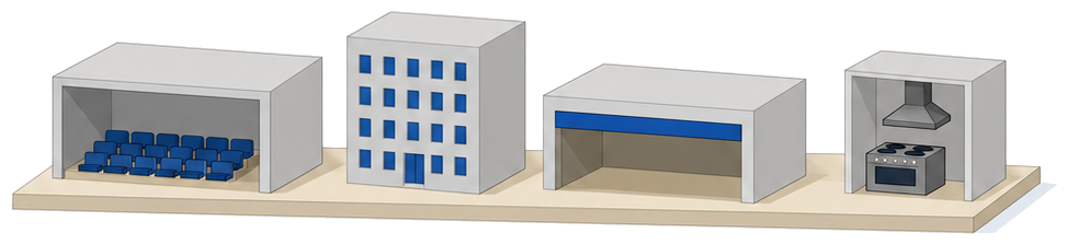 客席のあるホールと窓の多い建物と間口の広い店舗とこんろのある調理室が並んでいる様子