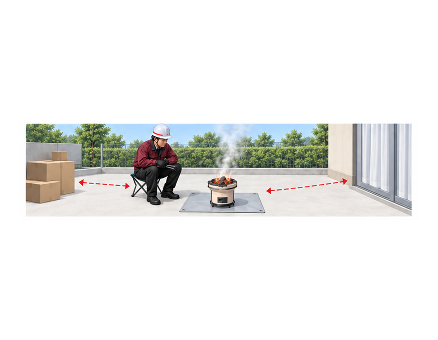 屋外で監視者が七輪を見守り段ボールとカーテンを遠ざけているアイソメ図