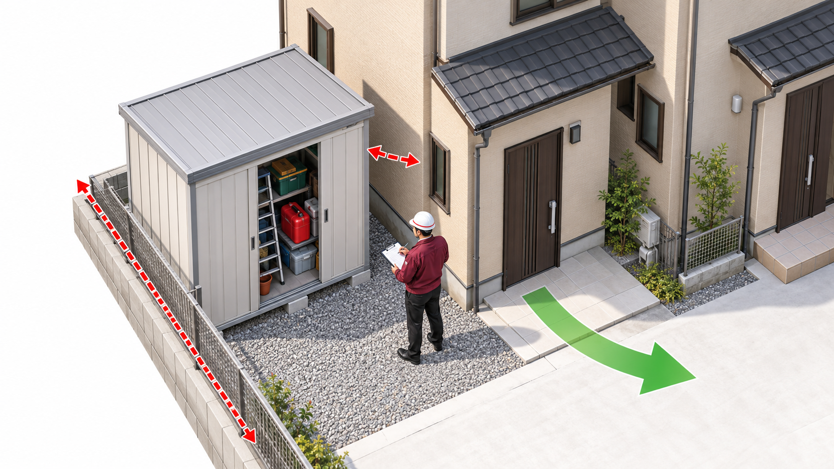 住宅と倉庫の距離、収納物、出入口を確認する一般的なアイソメ図解