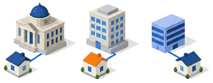複数の役所の建物が１軒の家とつながっている連携のイラスト