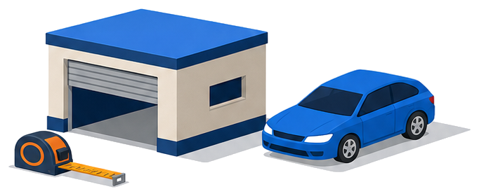 自動車車庫の建物と駐車している車