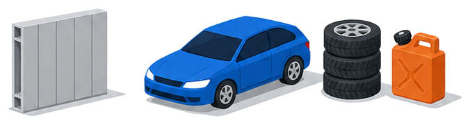 薄い外壁と車や燃料缶