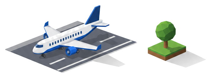 航空機と樹木で脱炭素の流れを示したイラスト