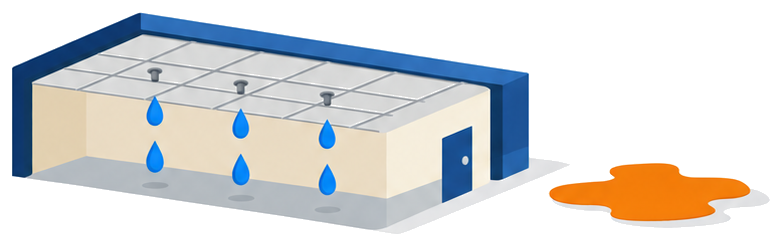 吹き抜けのホールと天井から落ちる水滴と水たまりのイラスト
