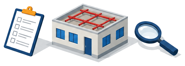 チェックリストと配管のある建物と虫眼鏡のイラスト