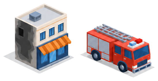 火災で壁が焦げた小さな店舗の建物と消防車を並べたイラスト