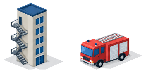 細長い雑居ビルの建物と消防車を並べたイラスト