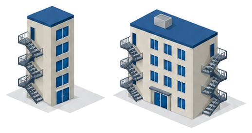 階段が一つの細長い建物と階段が二つある建物を並べたイラスト