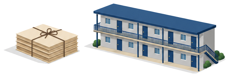 古い通知の書類の束と、共同住宅の建物を並べたイラスト