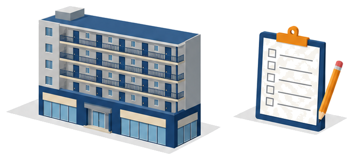 共同住宅と店舗が入った建物と、点検表と鉛筆を並べたイラスト