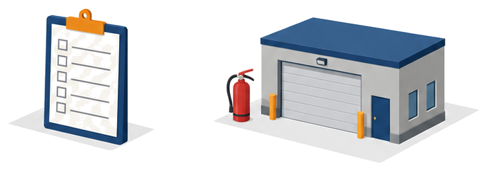 点検表を持つ書類立てと、消火器を置いた消防署の建物を並べたイラスト