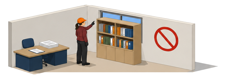 書庫や什器で窓がふさがれ採光が妨げられている状態を確認する調査員