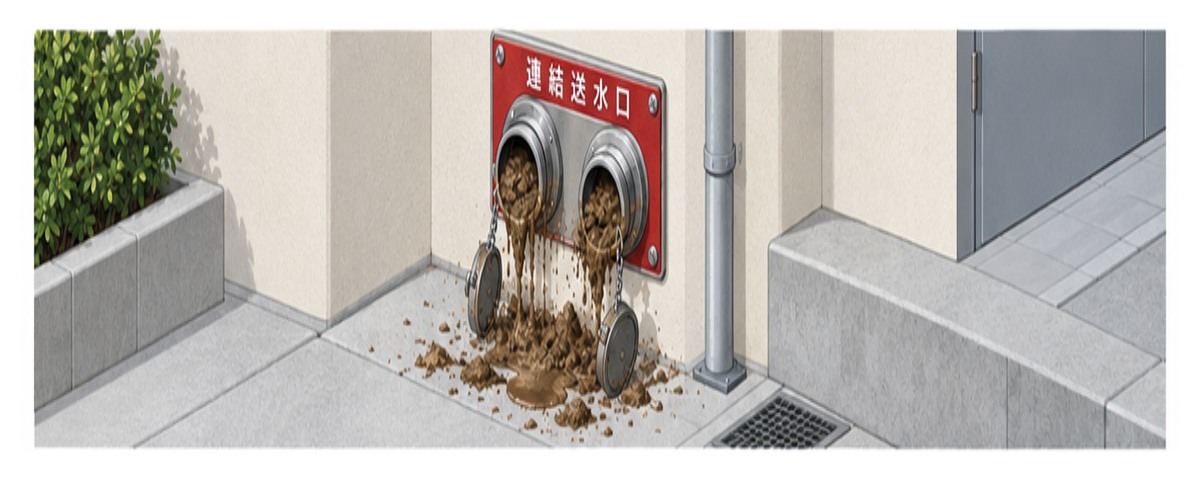 浸水後に連結散水設備の送水口へ泥が詰まった横長アイソメ図