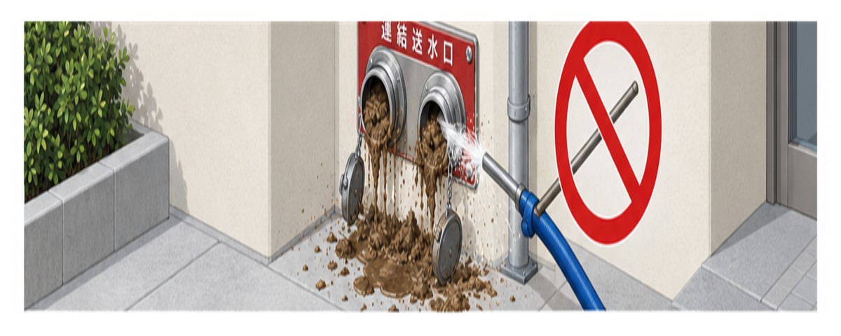 泥が詰まった送水口を水や棒で洗う行為を禁止記号で示す横長アイソメ図