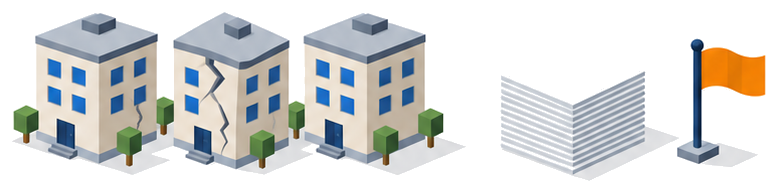 ひび割れのある建物を含む３棟の建物の並びと、紙の束と小さな旗のイラスト