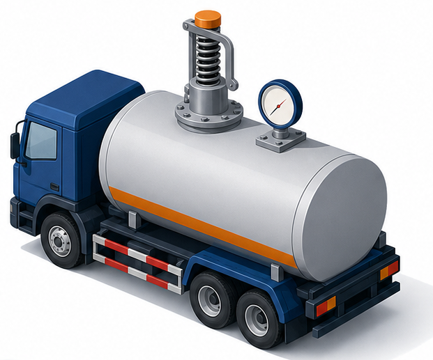 ばね式の安全装置と圧力計を備えたタンクローリーのイラスト